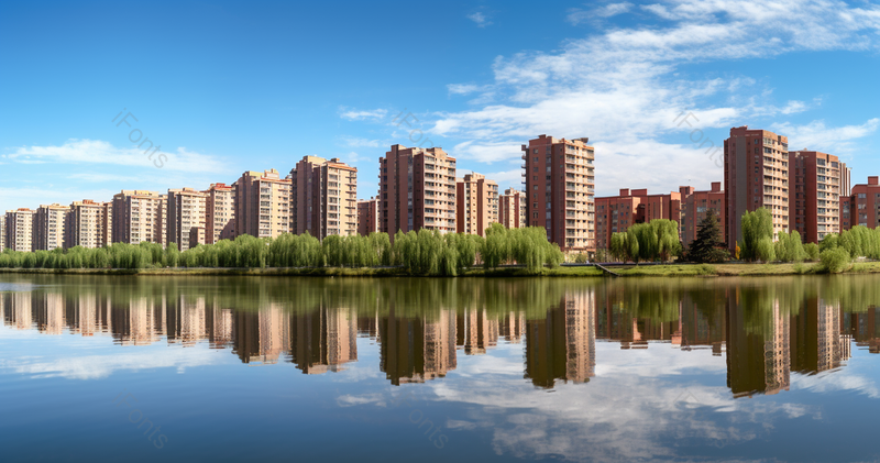 现代绿色湖景小区远景摄影图,高清,摄影图,摄影图片,图片大全,摄影图免费下载